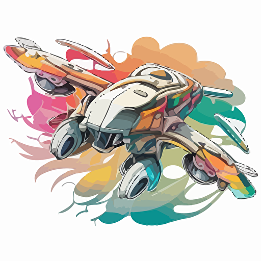 sticker, colorful battle drone flying, contour, vector, white background