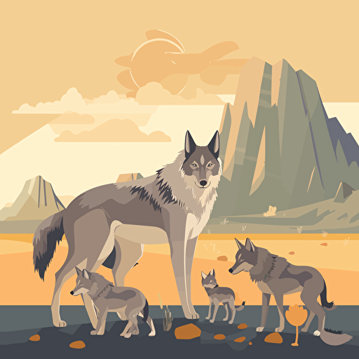 vector illustration of a wolf pack with wolf cubs, a she-wolf feeding some cubs on flat rocks, steppe, mountain and forest landcape