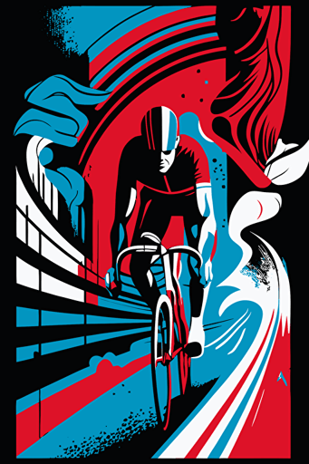 abstract outdoor cycling, blue, red and white colors, pop art deco illustration, hand vector art, black background,