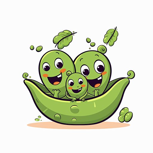 3 peas sitting in a pea pod with peaceful happy faces, simple, cute, vector, cartoon, white background.