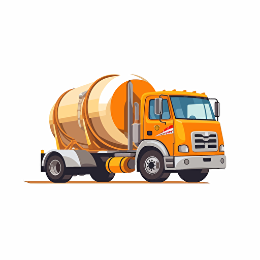 concrete mixer truck with wooden barrel, simple forms, flatart, 2D vector style, cartoon, white background, side view