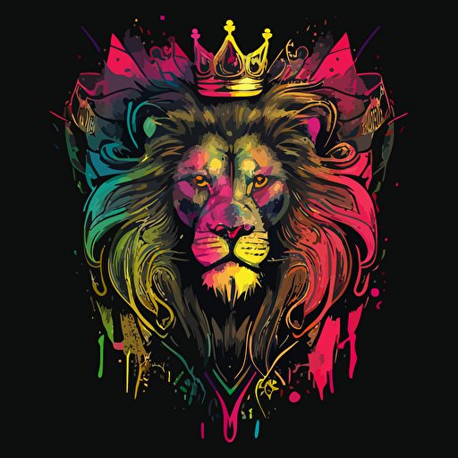 a ferocious lion with a big mane wearing a crown, chicano style graffiti , neon colors, vector