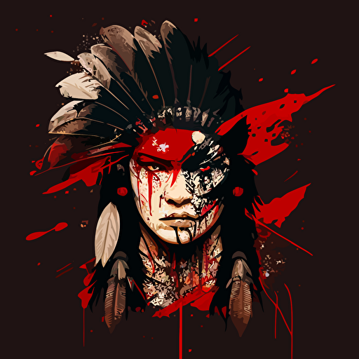 Native American warrior, war cry, with war paint on face, vector, clean design, two feathers in hair, aggressive design