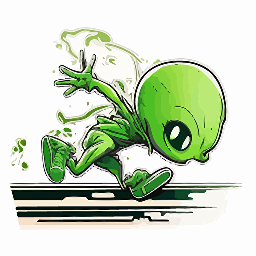green alien doing parkour, Sticker, Adorable, Saturated Colors, Gothic, Contour, Vector, White Background, Detailed