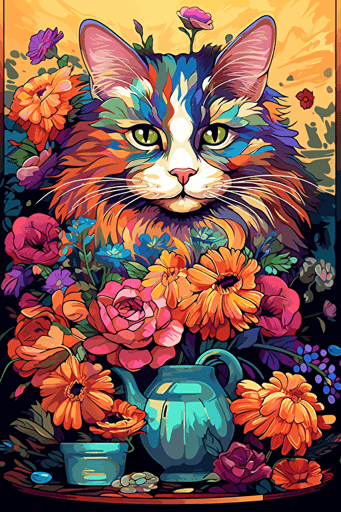 colorful svg vector drawing of a beautiful cat sitting near a vase full of flowers