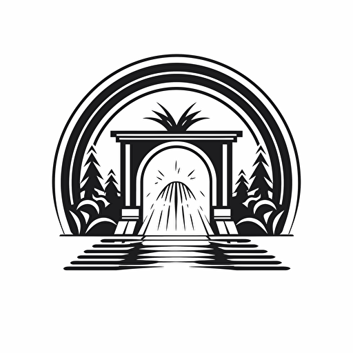 a simple logo, with an archway entrance made with just a thin line, and stylized running water in the foreground, black and white, vector style, 2d v4