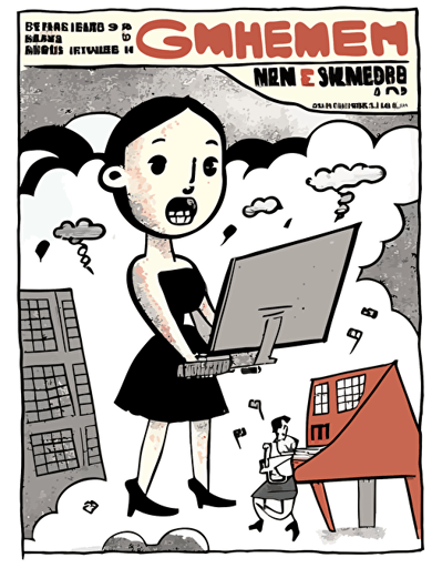 Ben Shahn, American art comic book style. There are Asian young climate activists, delivery riders, female human rights activists, and a female worker, and they imagine a "hammer" and a "keyboard," together on a big stage, hammer and keyboard illust in a thought cloud, non-letter illustration. white background, vector imagination