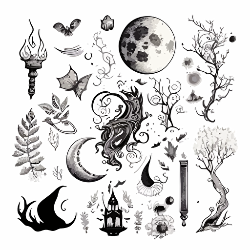 mystical magical drawings, hand drawn vector, white background
