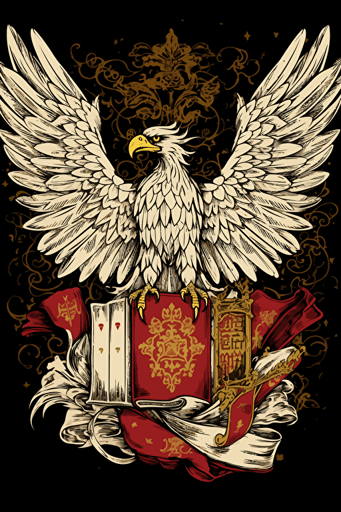 In this remarkable vector image, the majestic Polish White Eagle, adorned with a golden crown on its head and golden talons, is depicted soaring triumphantly as it descends to grasp a large ancient book with its powerful talons. The artwork captures a moment of victory and wisdom, symbolizing the rich history and cultural heritage of Poland. White background, red and golden accents, detailed, modern