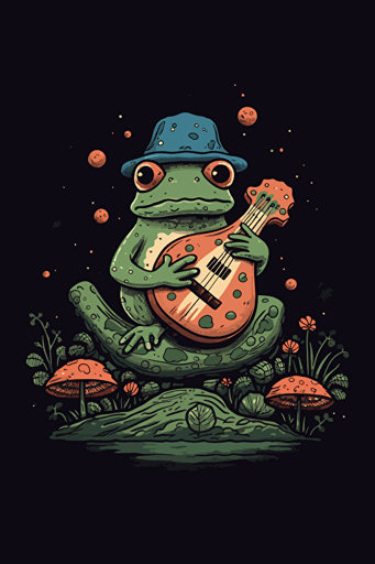 cutest cottagecore frog on toadstool with ukulele, vector, cute, design, black background
