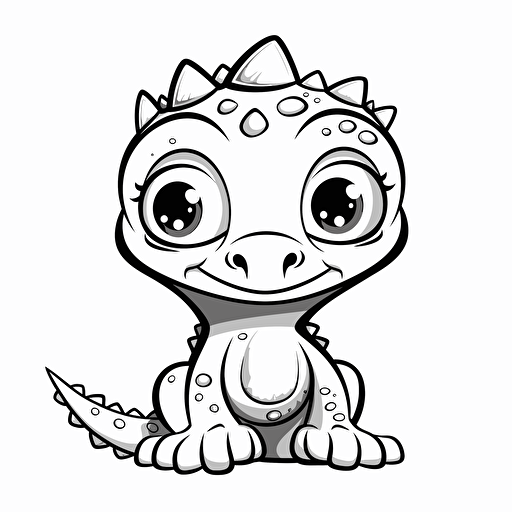 cute dino, big cute eyes, 2d, pixar style, vector, simple outline and shapes, coloring page, black and white outline, flat vector, white background