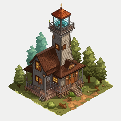 Cartoon vector style wooden hut with chimney, house of park ranger, isometric view, transparent background