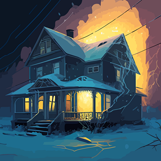 A survivor base, built in a two story suburban house is enduring a chilling winter storm with strong winds. Colors are cold and the image should convey a slight sense of panic. Warm light is seen on the inside of the house. Vector illustration.