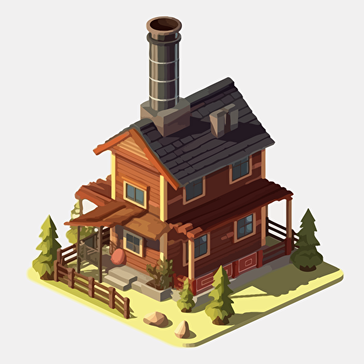 Cartoon vector style wooden hut with chimney, house of park ranger, isometric view, transparent background