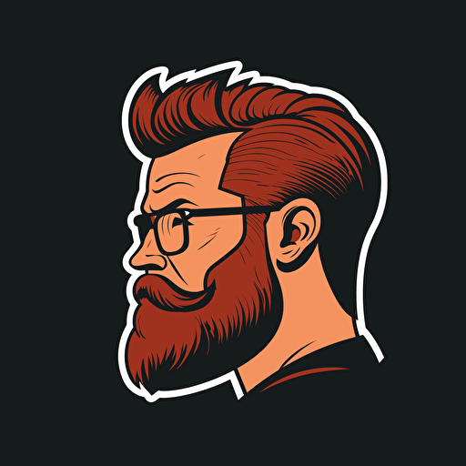 a vectorized logo of a man with glasses, with very short receding hair, with a outlined 5-day red beard looking to the right side, rounded