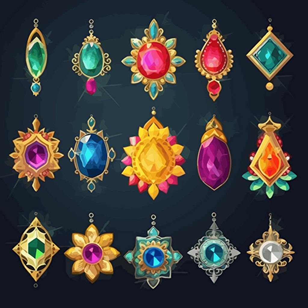 agineCollection of mythological cut jewels, hindu, translucent, shiny object, high detail, symmetrical, vector, cartoon