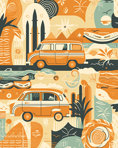 vacation vibes motif, retro aesthetics, classic patterns, vector image, sticker design, pantone color scheme: 12-1706 TCX, 12-0824 TCX, 15-0146 TCX, 15-1164 TCX, 16-6340 TCX, 17-4247 TCX, 18-2043 TCX, 19-6026 TCX. The final piece should exude a warm, holiday-like ambiance.