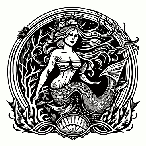 medieval Mermaid siren woodcut vector white background