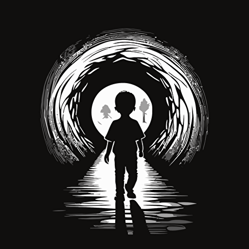 vector image, black and white, eye of the tunnel, tunnel inside of eye, boy walking towards the light