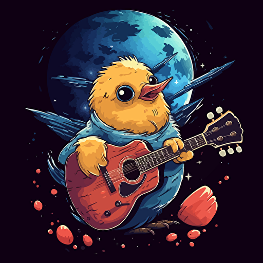 cute bird in outer space playing a guitar, 2d vector styloe