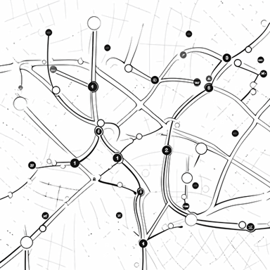 Plot "map with the route from point A to point B?", illustration, black and white vector style, business coaching context