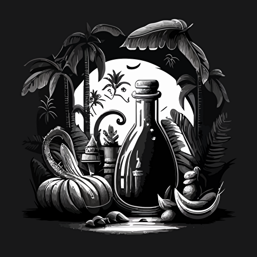 Black and WHite vector illustration of bananas and a magical potion. day time