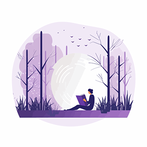 A person reading through a book, forest background, vector, flat art, simple, minimalistic, light purples, white background
