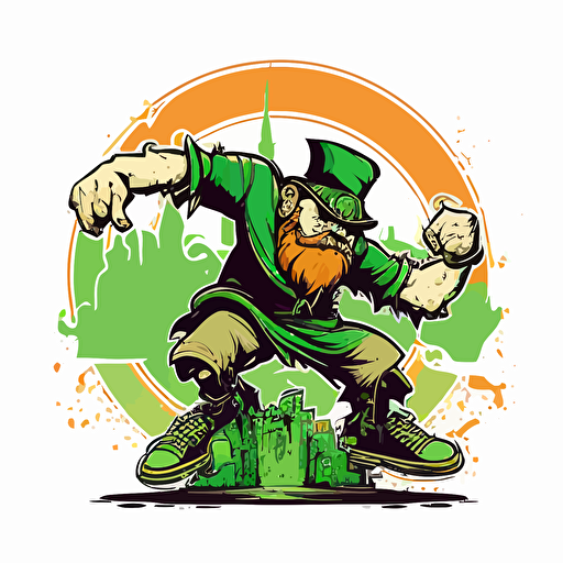 leprechaun breakdancing in the bad part of the city, vector logo, vector art, emblem, simple cartoon, 2d, no text, white background