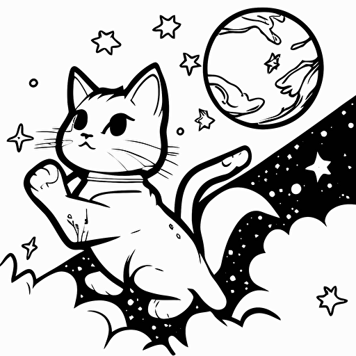 cat in space, pixar style, outline and simple shapes, black and white comic book flat vector coloring page, white background
