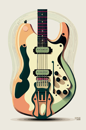 full size electric guitar illustration with black outline, retro style, vector art, illustration, black outline, 4 muted colors, white clean background