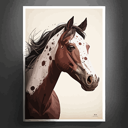 affiche, A3, publicité, écurie, vente, cheval appaloosa couleur marron et blanc, style 1800, illustration, vectorized, flat, sans fond