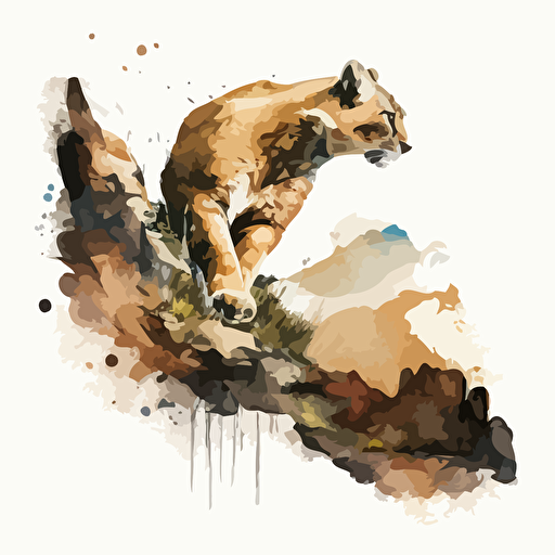 mountain lion kougar goes down from hill aquarell vector grafic