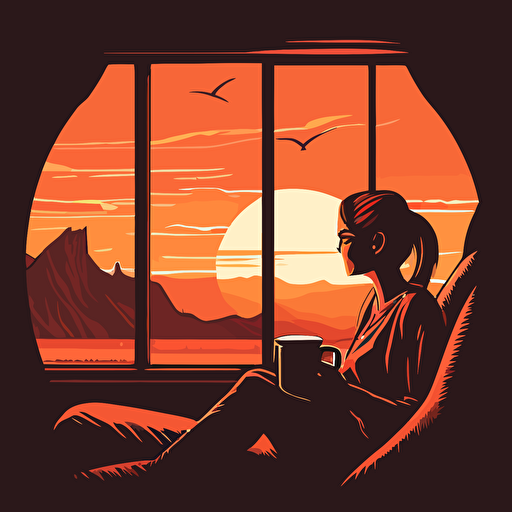 women sits on a couch looking outside with cup of coffee during sunset, vector