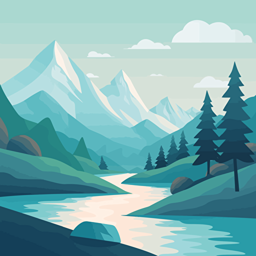 Create a vector image of a majestic mountain landscape. Use a muted color palette, such as shades of blue and green, to create a calming and serene atmosphere. Incorporate different textures and shading techniques to create depth and dimension, such as using gradients for the sky and stippling for the trees. Include snow-capped peaks and a winding river or lake to add interest and movement to the scene. Consider using a subtle color gradient for the mountains to create a sense of distance and perspective.