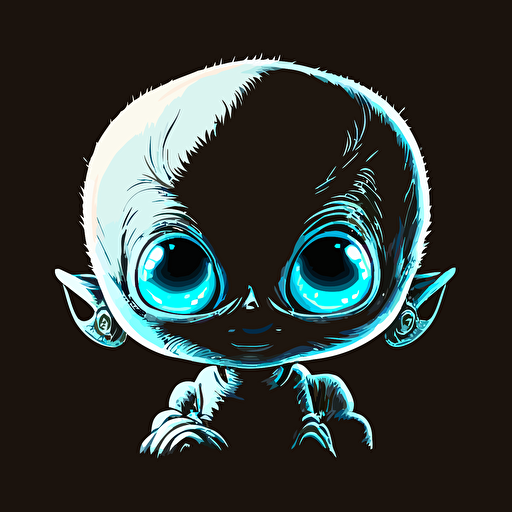 A baby japanese alien with one blue eye, smiling, black background, vector art , anime style