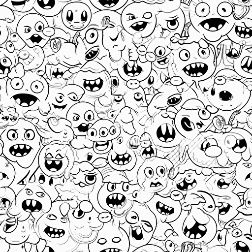 a seamless pattern of funny emojis cartoon, white background, black outline, vector art,