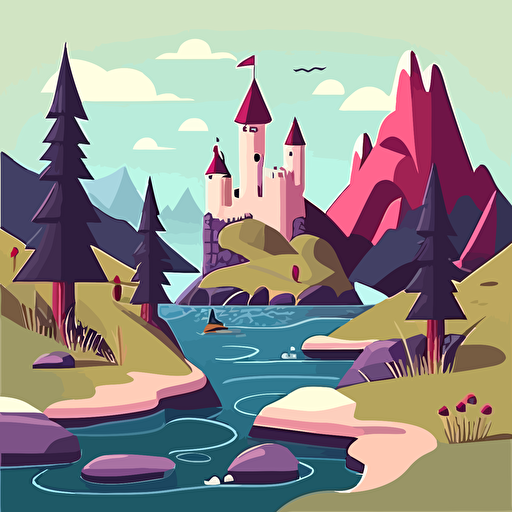 cartoon style simple fantasy landscape with a mountain river and castle, simple, vector