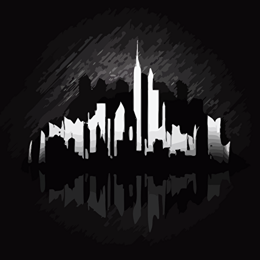 balck + white gradient iconic logo of skyline, white vector, on black background
