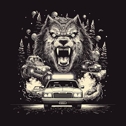 a clean black and white vector design of a burning police car surrounded by three werewolves