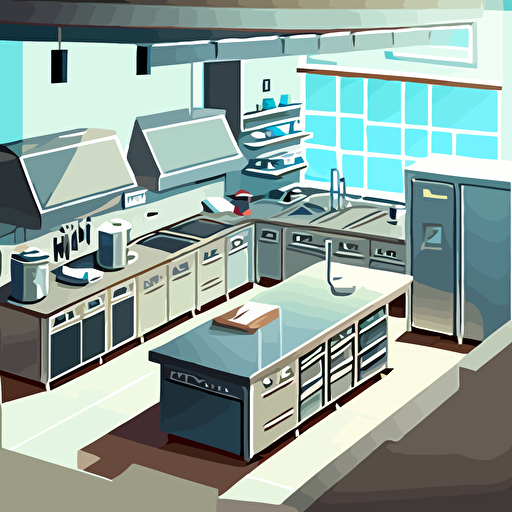 illustration of industrial kitchen, silver countertops, white walls, vector illustration, cartoonish, detailed