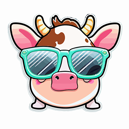 sticker, Cow with sunglasses, kawaii, contour, vector, white background