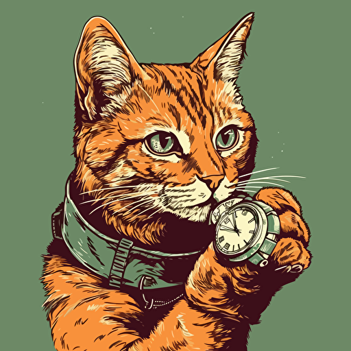 vector art style, cat looking at it's wrist watch, in the style of Michael Parks