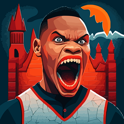 Russel Westbrook is dressed as Dracula, he is constructing a building a brick wall, he has fangs, vector