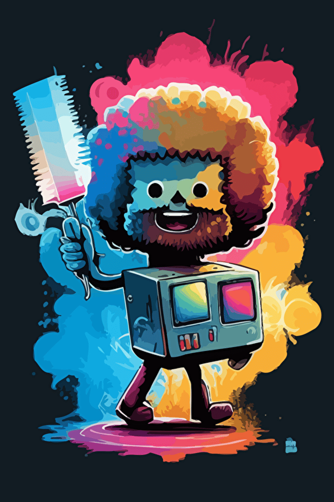 Bob Ross as a robot with a giant paint brush shooting paint, vector art style, vibrant