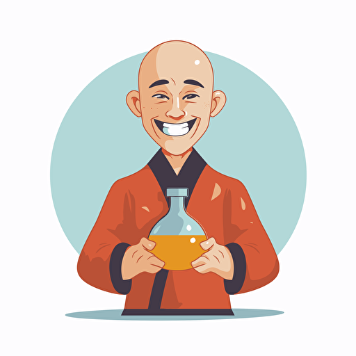 a chinese bald man, as a chemist, with a big smile in his face, cartoon, vector, 2d art
