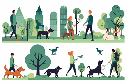 people walking dogs in the park premium vector, in the style of tex avery, animated illustrations