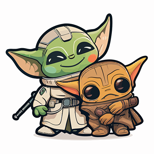 smiling baby yoda standing together with Mando from Mandalorian , Sticker, Ecstatic, Flashy Colors, outsider art style, Contour, Vector, White Background, Detailed