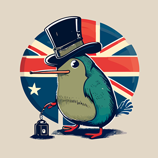 vector line drawing of kiwi bird holding a flag with a bowler hat in the center of the flag