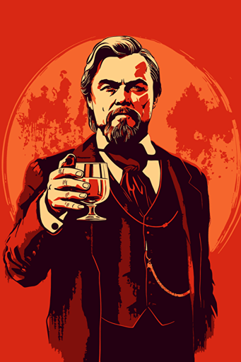 leonardo dicaprio in django unchained holding a glass, front view, poster, vector, gritty, detailed, red background,