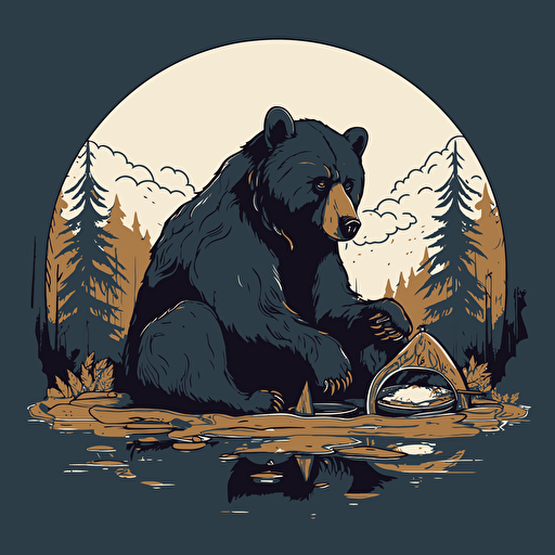 cartoon illustration, Grizzly bear eating a large chicken leg, black illustration on white, simple vector, black and white ::vector style